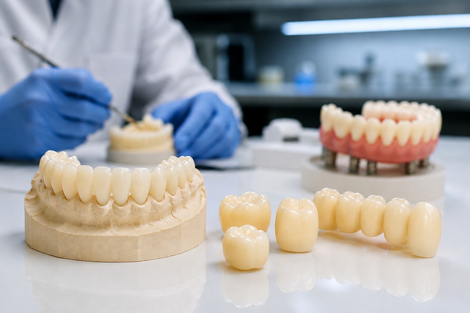 EU-certified prosthetic dental materials, zirconia crowns and full-arch bridge in a dental laboratory.