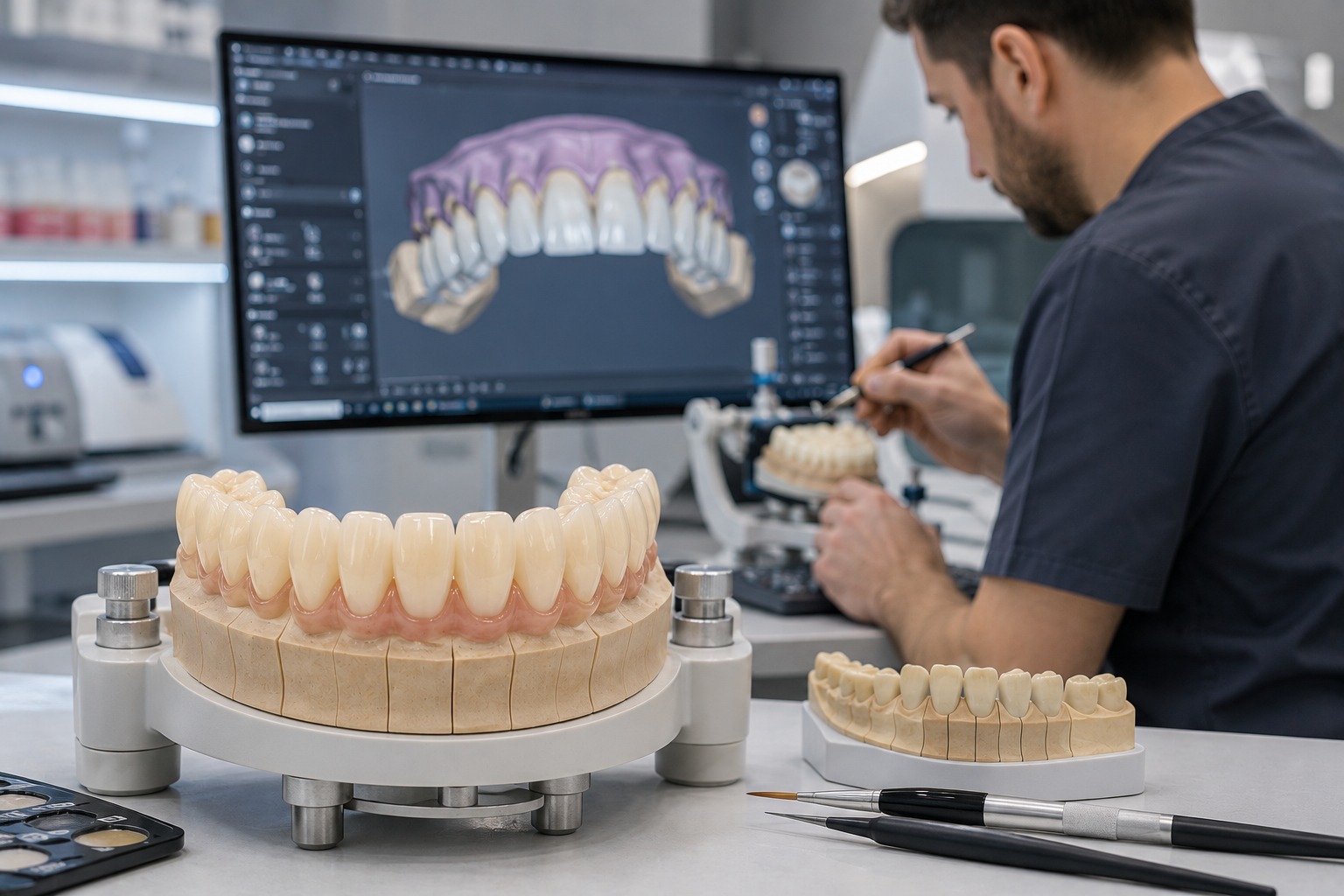 Dental technician designing final teeth with CAD-CAM technology, full-arch bridge and dental laboratory prosthetics.