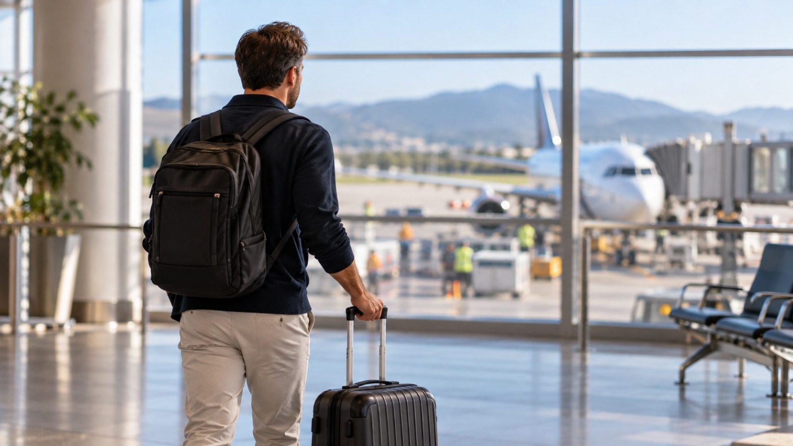Traveler with Suitcase at Airport Gate